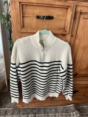 Striped Half-Zip Knit Sweater in Cream and Black